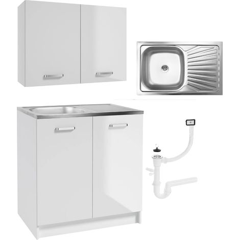 Ensemble de meubles de cuisine - 80 x 50 cm - Blanc brillant - Évier en acier inoxydable - Meuble haut