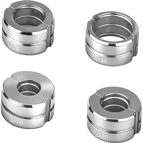 Mâchoires de sertissage profil U 16/20/25/32 mm, acier chromé HRC 48-55, finition argentée chromée. Pour tubes PEX, PE, PVC et tubes composites, compatible sertisseuses manuelles et électriques. (1/5)