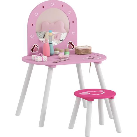 Coiffeuse Enfant en Bois avec Miroir Incassable et Tabouret - Table de Maquillage Fille 3 à 6 Ans Rose Motifs Cœurs (1/5)