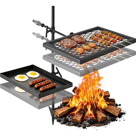 VEVOR Parrilla para Hoguera con Rejilla y Plancha de Acero al Carbono, Giratoria, Rejilla de 435x310 mm, Plancha de 417x257 mm, Con Soporte, Soporta hasta 600°C, para Fuego Abierto, Camping, Negro (1/5)