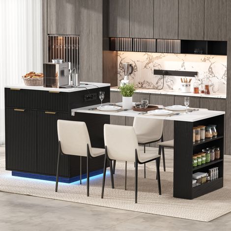 Îlot de cuisine avec table extensible, LED, prises USB/Type-C et tiroirs noir OKMYHOME (1/5)