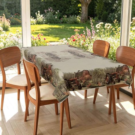 Nappe rectangulaire imprimée style champêtre vintage, idéale pour la fête des récoltes. Lavable et résistante, elle convient parfaitement à la cuisine et aux repas en extérieur. (1/4)