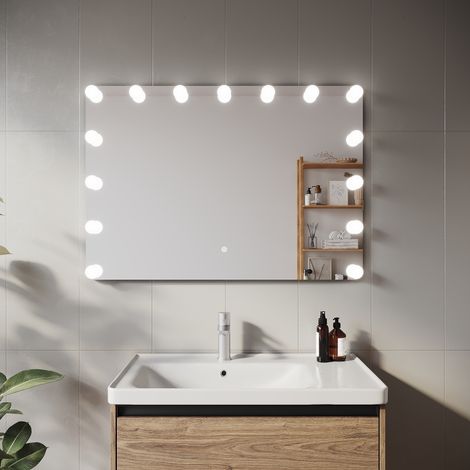 SIRHONA Miroir LED de maquillage moderne 1000 x 700 x 35 mm, avec fonction de mémoire, 3 modes d'éclairage, 16 ampoules amovibles, prise intégrée (1/5)