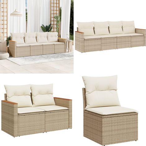 Salon de jardin avec coussins 4 pcs beige résine tressée - Salon De Jardin - Mobilier De Jardin - Salon Extérieur - Ensemble De Canapés - Résine Tressée - Home & Living (1/5)