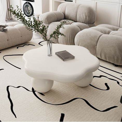 Table basse nuage 80 cm blanc crème en MDF et plastique avec bords arrondis et pieds sphériques (1/5)