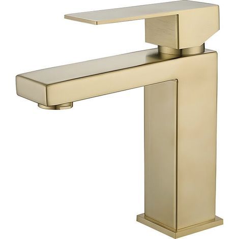 Robinet de Lavabo pour Salle de Bain et Bonde Pop Up avec Trop Plein, Robinet Mitigeur Monocommande de Salle de Bain Carré en Acier Inoxydable Brossé Or (1/4)