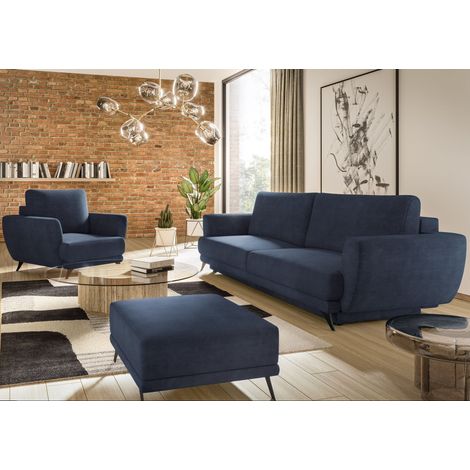 Ensemble canapé convertible tissu bleu Zora - 1 canapé 3 places + 1 fauteuil + 1 pouf (1/5)