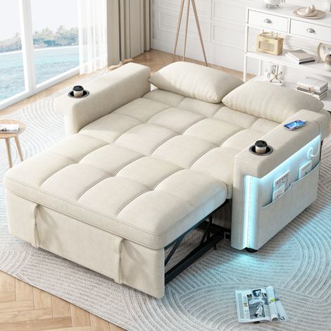 Canapé-lit 2 places en chenille beige avec LED, USB Type-C, dossier inclinable (1/5)
