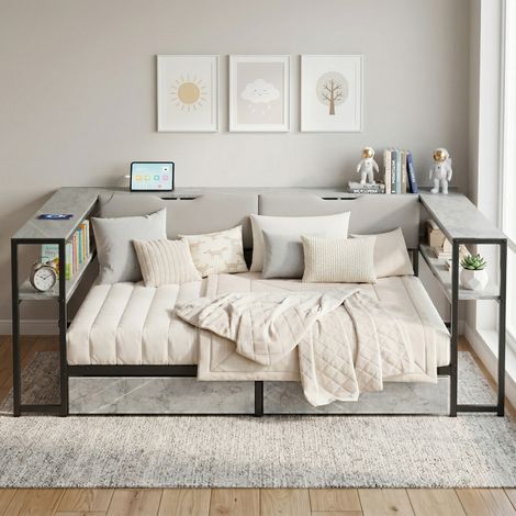 Lit adulte rangement 140x200 MDF métal gris USB avec OKMYHOME (1/5)
