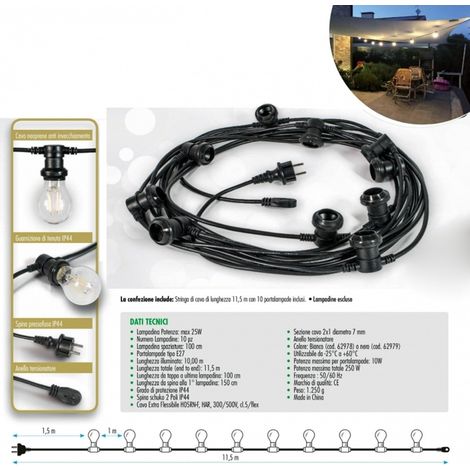 TRADE SHOP - Cavo 10 Metri Con 10 Portalampada E27 Spina Schuko Per Esterno Cordoniera Gazebo - (1/2)