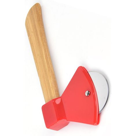 Couteau à pizza en acier 430, manche en bambou PP, forme ergonomique, hache ronde, pour la maison et les restaurants (rouge).