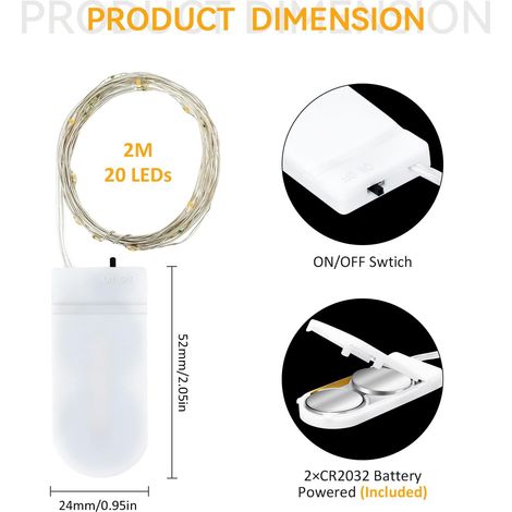 Mini guirlandes lumineuses LED avec piles, 2 m, 20 LED, décoratives, pour l'intérieur, blanc chaud, pour boîte cadeau, fête, Noël, lanterne de mariage (1/2)