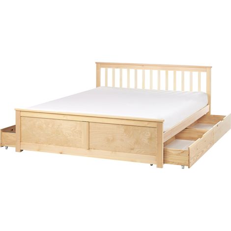 Lit Double Minimaliste en Bois de Pin MDF 160 x 200 cm avec 4 Tiroirs de Rangement Marron Clair Olendon (1/5)