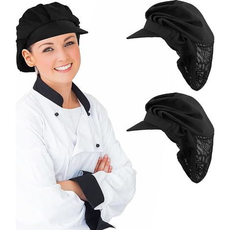 Lot de 2 toques de chef noires avec filet à cheveux semi-maillé élastique et respirant (1/5)