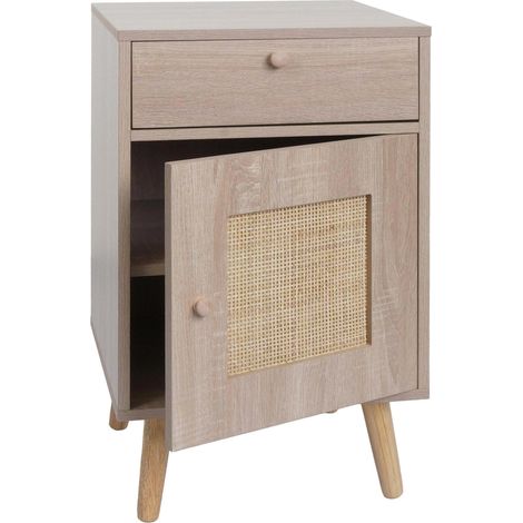 [JAMAIS UTILISÉ] Table d'appoint HHG-206, table basse table de chevet table de salon, compartiments de rangement tiroir, Kubu rotin bois mélamine, aspect chêne