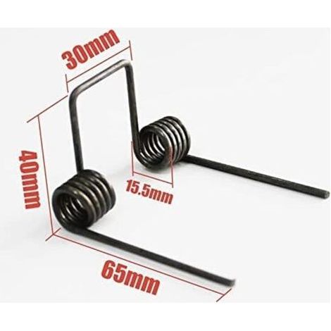 Ressort de torsion double. diamètre du fil 2.5 mm. diamètre extérieur 15.5 mm. longueur des pattes 65 mm. 5 spires (1/4)