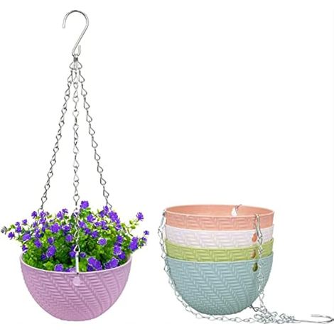 5 paniers suspendus en plastique, pots à fleurs suspendus avec chaînes et crochets pour plantes, fleurs, herbes, violettes (5 couleurs, motif tissé)