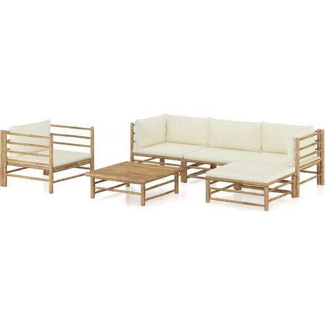 vidaXL Set de muebles de jardín 6 piezas bambú y cojines blanco crema (1/4)