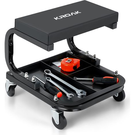 Mobiler Werkstatthocker 35 x 36 x 35 cm, belastbar bis 120 kg, Mechanikerhocker auf Rollen mit Werkzeugablage