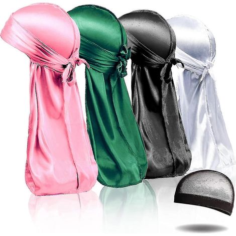 4er-Pack seidige Durags, Seiden-Durag für Männer und Frauen mit Wellenfrisuren, Seiden-Durag-Packung mit 1 Wellenkappe, seidiger Satin-Durag mit extra langen Enden-Wine red (1/5)