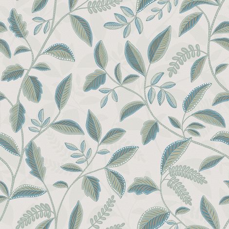 Papier peint feuillage stylisé bleu canard et or
