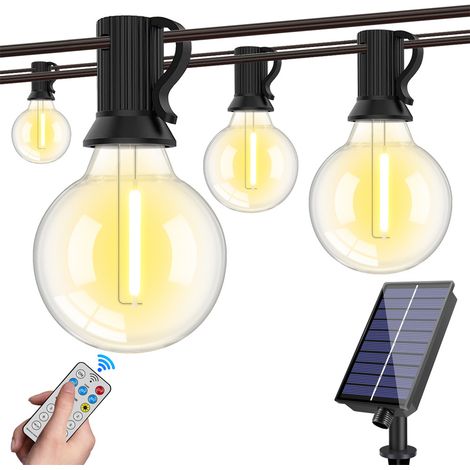 Ortviai Guirlande Solaire Guinguette 7.6M - Haute Densité 23 Ampoules LED G40 & 2 Réapprovisionnements, Guirlande Extérieure Solaire avec Télécommande Multi-Modes, Étanche pour Cour, Café