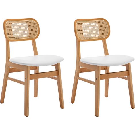 Wahson Lot de 2 chaises blanc en rotin et bois massif – Coussin en similicuir imperméable – Dossier en rotin tressé – Pour salle à manger et cuisine (1/5)
