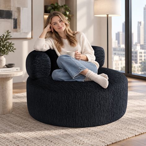 Pouf rond de 100 cm pour adulte, fauteuil relax, avec 1 coussin, garnissage en mousse haute densité, fauteuil canapé une place d'intérieur, fauteuil canapé gaming une place, pour salon, chambre et bur (1/5)