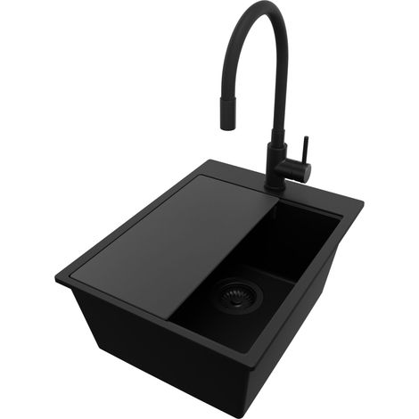 PRIMAGRAN Evier Cuisine en Granit 38x50cm, Lavabo 1 bac + Robinet 40x38cm + Kit de Vidage + Accessoire, Évier à Encastrer au meuble 40cm - Oslo, Tout Noir (1/5)
