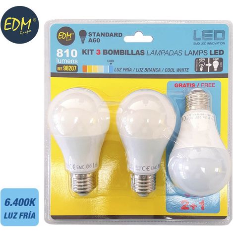 Kit mit 3 Standard-EDM-LED-Lampen E27 10 W 932 lm 6400 K Kaltlicht Ø6 x 10,8 cm