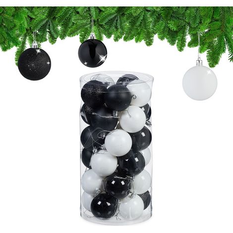 Relaxdays 30x Christmas Bauble Glittery, Matt & Shiny Ornaments, Plastic Xmas Tree Balls, HxD: 7 x 6 cm, Black/White