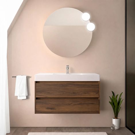 Mobile bagno sospeso 90 cm noce maya con due cassetti e lavabo in resina Gaya (1/5)