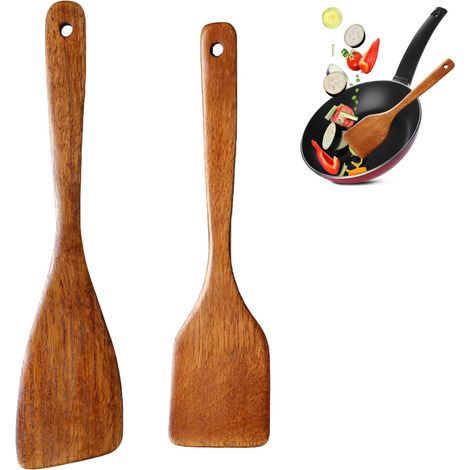Spatule en Bois pour Cuisine,2PCS Spatule Biseautée en Bois à Long Manche,Turner Ustensiles Cuisine Anti-Rayures,Couverts Anti Adhésive de Haute Qualité Résistants à Chaleur pour Mélanger,Remuer (1/5)