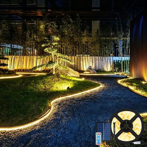 Ruban LED Solaire Extérieur,Bande Lumineuse Solaire LED Extérieur 5m,Flexible Bande LED Exterieure Autocollante,avec Télécommande 8 Modes Minuteur,Pour Jardin,Terrasse,Balcon (1/5)