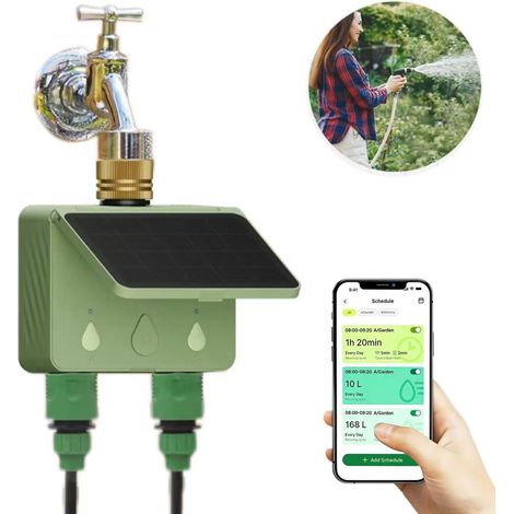 Programmateur d'arrosage intelligent Wi-Fi, contrôleur d'arrosage de jardin à énergie solaire，adapté aux systèmes d'arrosage automatique extérieurs (1/5)