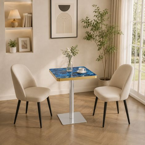 Mesa de comedor cuadrada de 60x60 cm para 2 a 4 personas, tablero efecto mármol, estructura de metal azul, para cocina. (1/5)