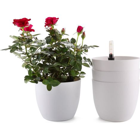 Pot de Fleur Interieur 15 cm Pot Autopilotant avec Indicateur d’Eau Blanc, Cache Pot Plante Interieur Set de 4, Réservoir d’Eau, pour intérieur et extérieur