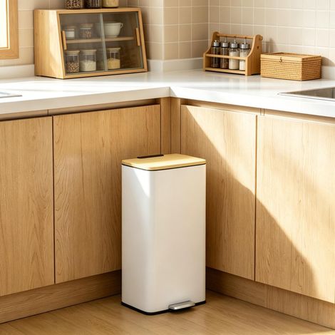 Poubelle de cuisine de 20 L avec pédale, couvercle en bambou à fermeture amortie, bac intérieur amovible, blanche (1/5)