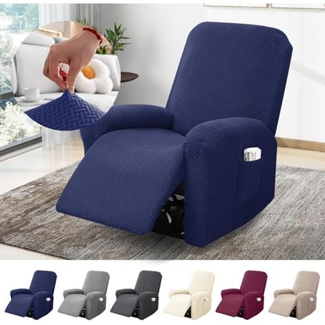 Funda de sillón de 1 plaza, funda elástica con bolsillos, protector de sillón jacquard a rayas todo incluido para sillones de TV y reclinables (azul, juego de 4 piezas)