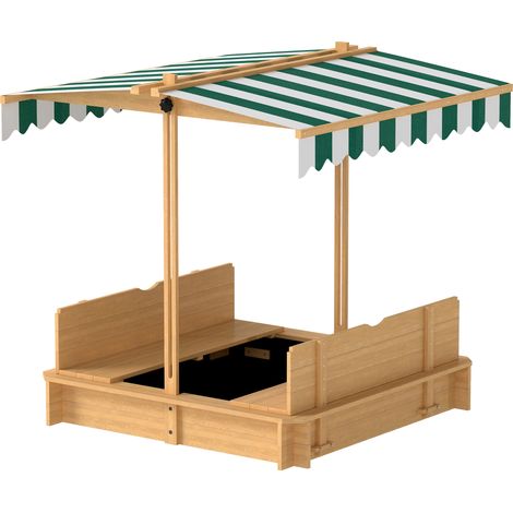 Bac à sable en bois pour enfants, 106 x 106 cm, avec couvercle réglable en hauteur, bancs et dossiers, marron clair.