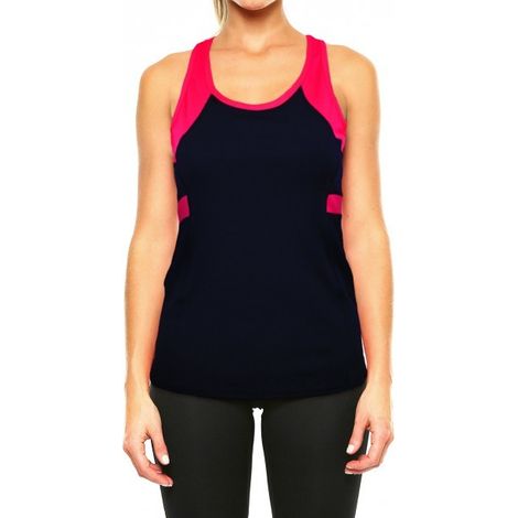 KZ-310 Camiseta deportiva para mujer con escote olímpico y con detalle flúor Talla: M-L - Color: Azul-Fucsia
