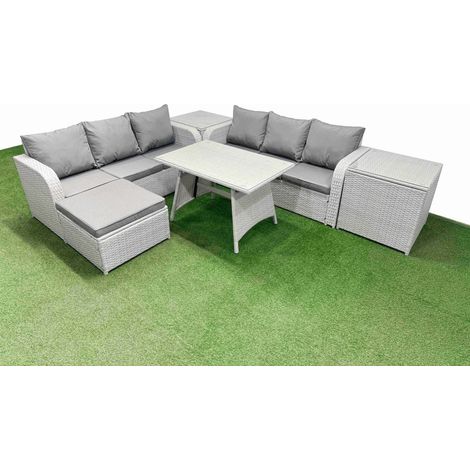 Fimous Patio Dining Table & Chairs Set Rattan High Back Lounge Sofa Set with 3 Seater Sofa 2 Side Tables Big Stool Light Grey (1/4)