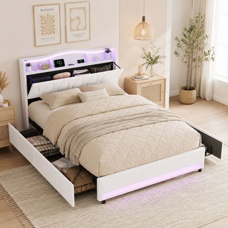 Lit Double 140x200cm avec 4 tiroirs, Lit adulte en Velours avec Éclairage LED, Prises USB/Type-C, Cadre de Lit capitonné pour Adolescents et adultes, Beige (1/5)