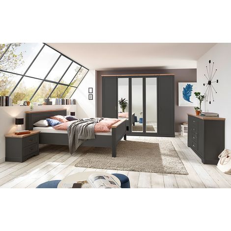 Schlafzimmer Set 5-teilig Bett 180x200cm Graphit mit Eiche JÜLICH-77 (1/5)