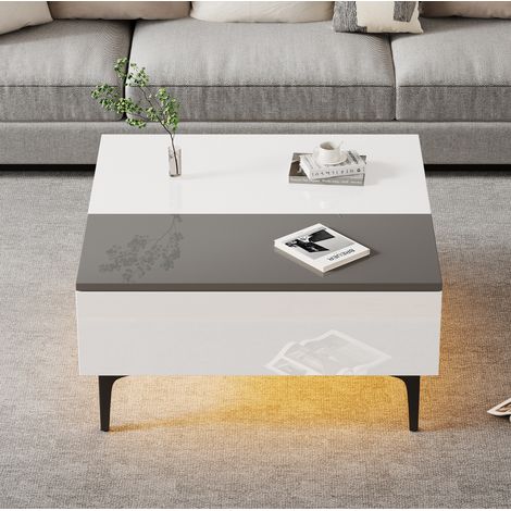 Table basse 70x70x35 cm blanc et gris, plateau relevable avec rangement et LED, MDF, MEUBLIV (1/5)