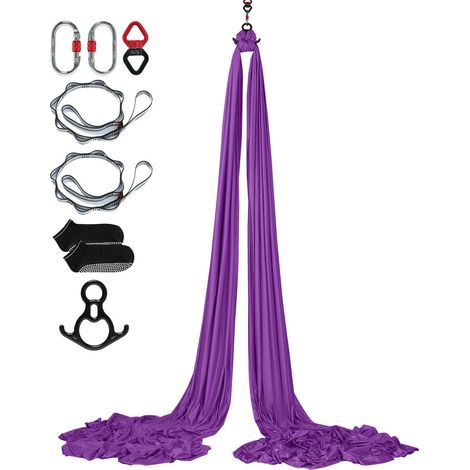 Voile de Soie Aérienne & Yoga Swing, 8 m, Hamac Aérien avec Tissu Nylon 100 g/m², Kit Complet avec Fixations et Guide de Montage, Antigravité pour Tous Niveaux, Fitness et Musculation, Violet (1/5)