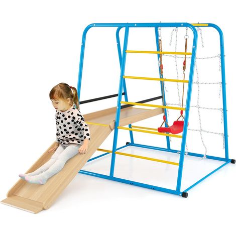 COSTWAY 6 in 1 Set da Arrampicata per Bambini, Set Giocattoli di Metallo con Scivolo Altalena Sbarre Scala da Arrampicata e Parete di Corda, Parco Giochi per Bambini 3 Anni+ (1/5)