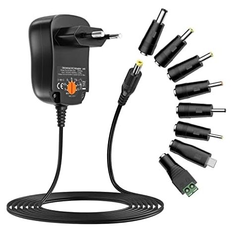 Adaptateur secteur universel 12 W AC vers DC 3 V 4,5 V 5 V 6 V 7,5 V 9 V 12 V 1 A Transformateur d'alimentation à découpage avec 8 connecteurs CC pour appareils électroniques domestiques, 1000 mA max.