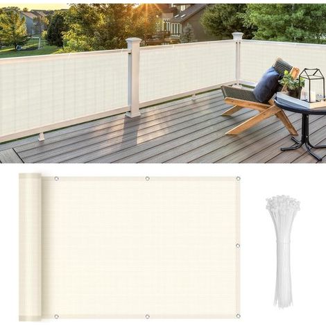 Schermo per la privacy del balcone, impermeabile, trasparente con protezione UV, con coulisse, per balcone, giardino, protezione solare esterna, bianco crema, 0,9 x 3 m (1/5)