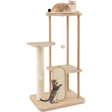 COSTWAY Torre para Gatos, Árbol para Gatos de 4 Niveles con Tabla y Poste Rascador de Sisal, Percha Acolchada, Plataforma, Juguete Colgante, Centro de Actividades Minimalista para Gatos (1/5)